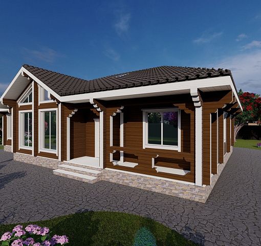 Одноэтажный дом из бруса с верандой, террасой и 3 спальнями № КД149 - фото 1